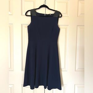 Elegant Elie Tahari Navy Crepe with Leather Straps Sleeveless Dress, Size 6